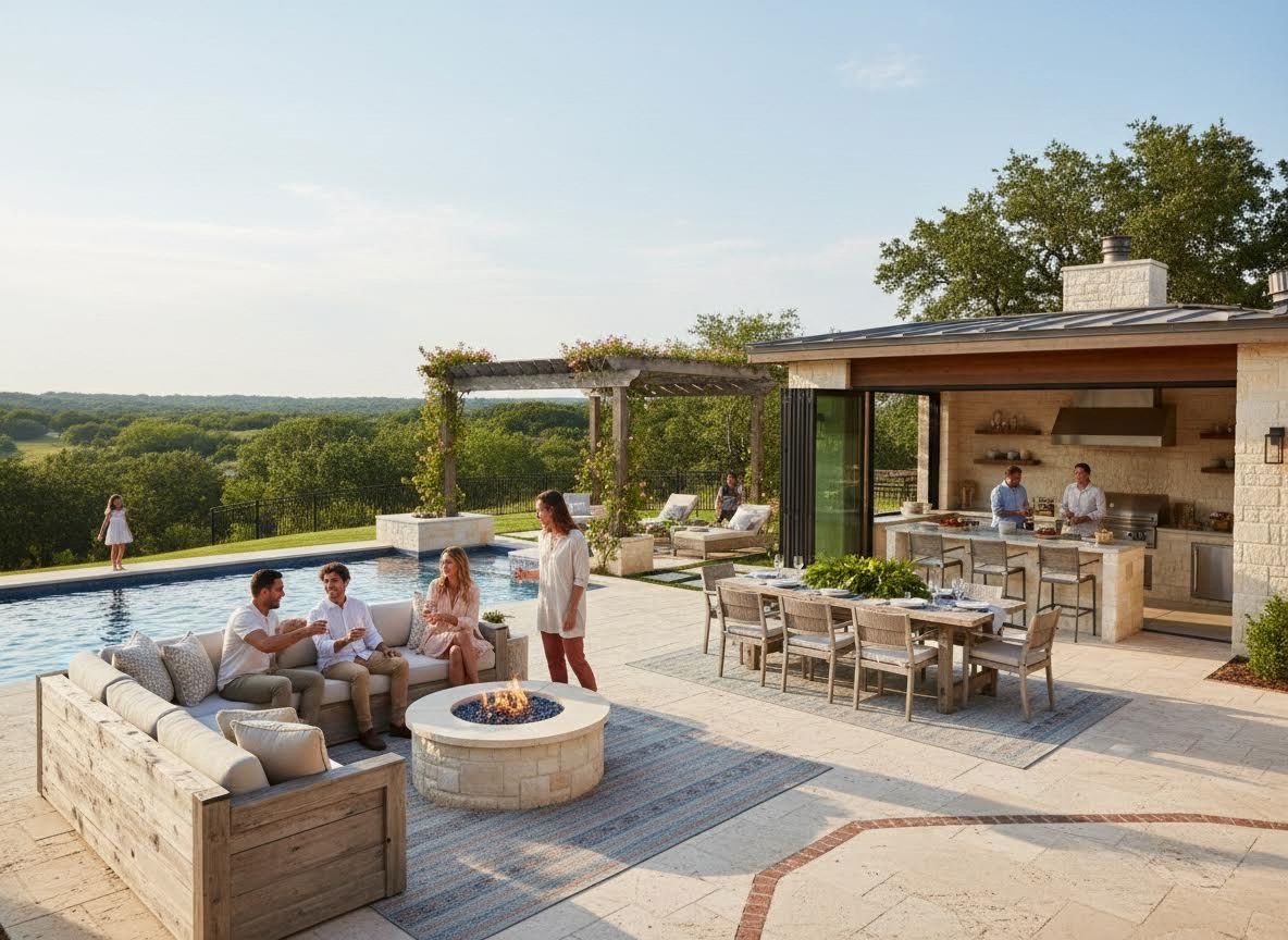 Luxurious outdoor living space with pool, fire pit, and chef's kitchen