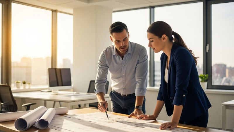 professionals collaborate over building plans 