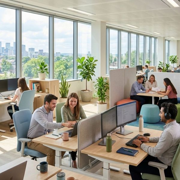 Bright, ergonomic workspace designed to enhance employee productivity and morale