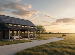 Modern Black Farmhouse with Horse at Sunset
