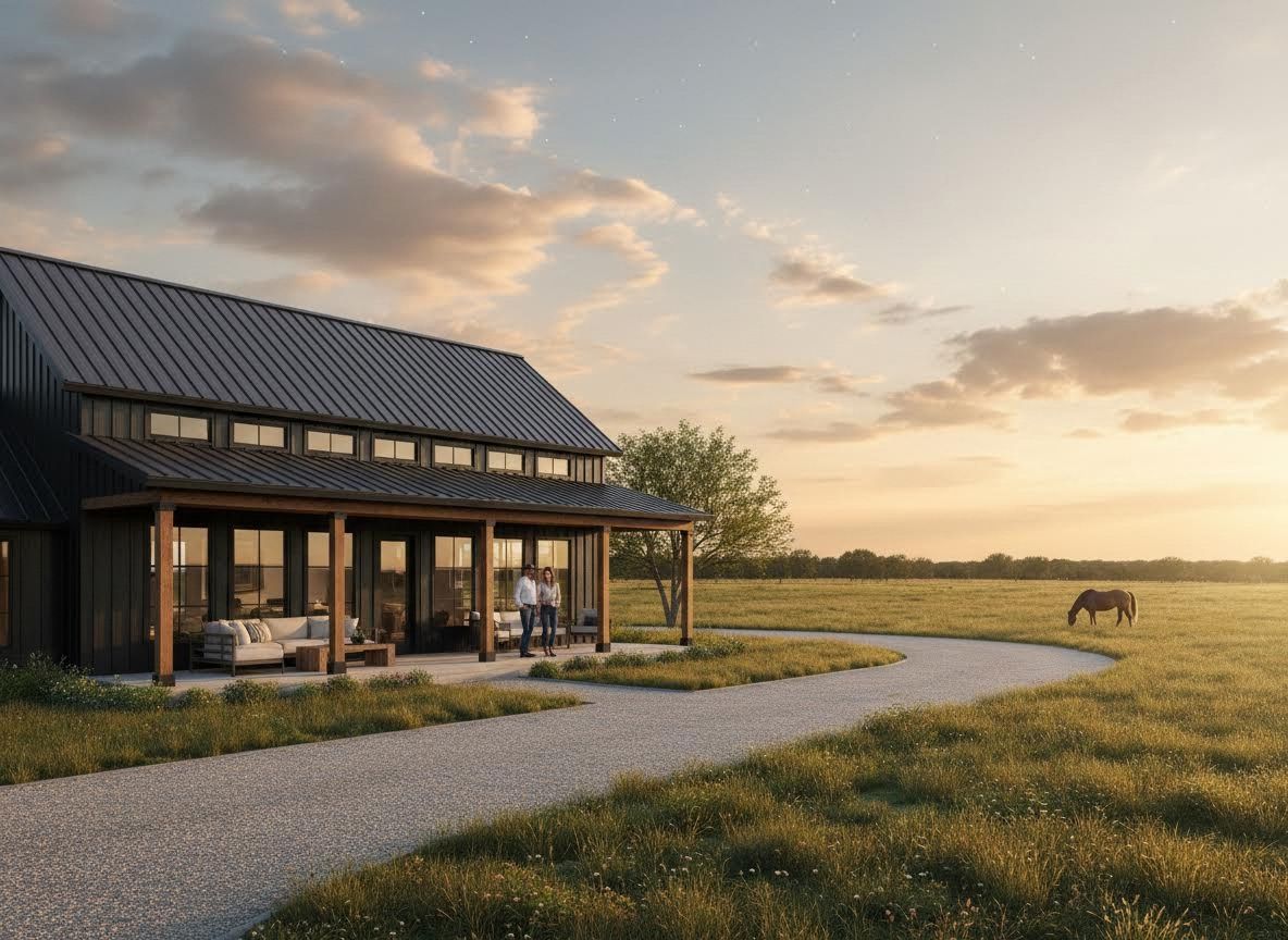 Modern Black Farmhouse with Horse at Sunset