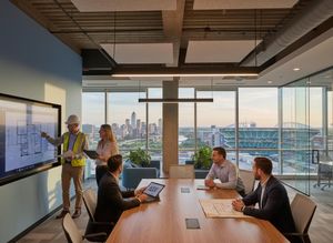 A diverse team discusses architectural blueprints on a large screen in a contemporary office with city skyline and stadium views. Construction and Architecture Team Meeting in a Modern Office