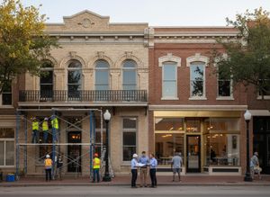 Two brick buildings, one being renovated with scaffolding and construction workers, the other with a new golden storefront. Professionals discuss plans on the sidewalk. Street scene with historic buildings undergoing renovation and development