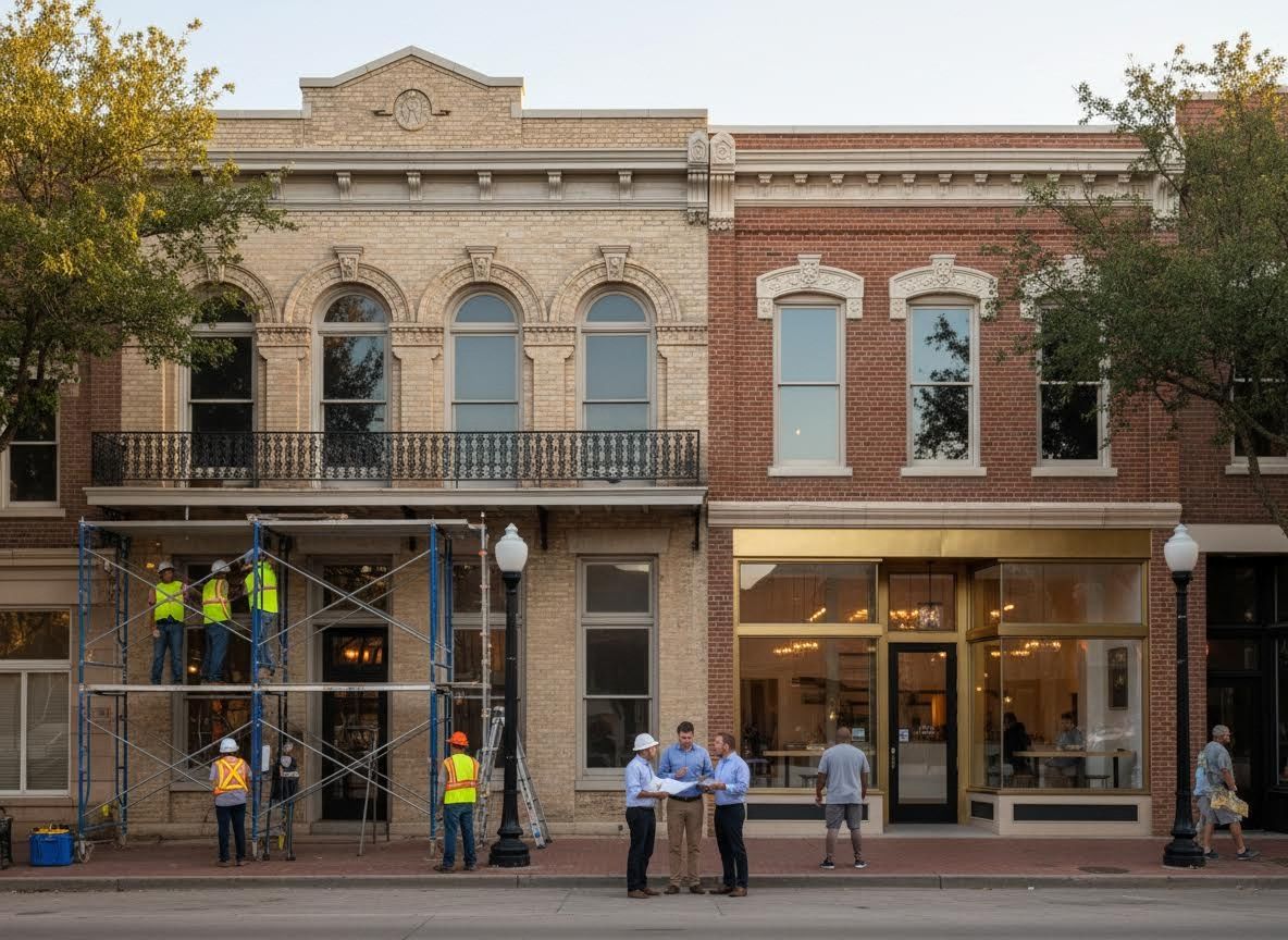 Street scene with historic buildings undergoing renovation and development