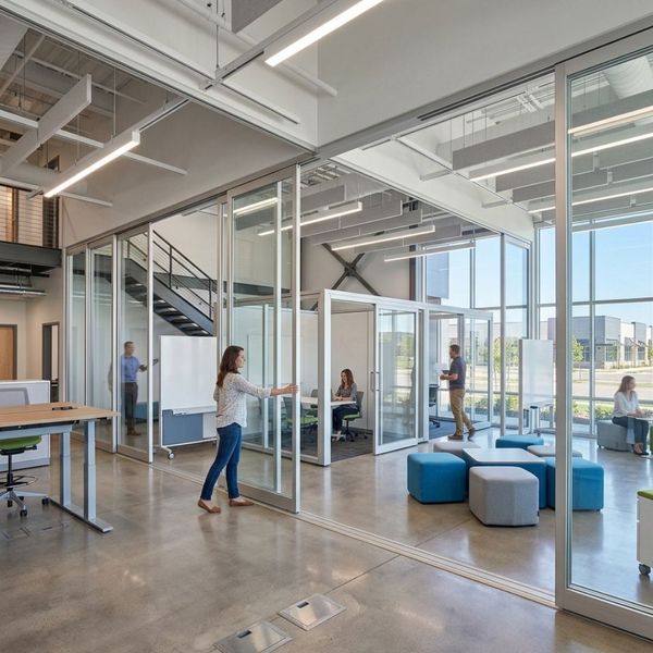 Flexible commercial workspace design with modular partitions adapting for future business growth.