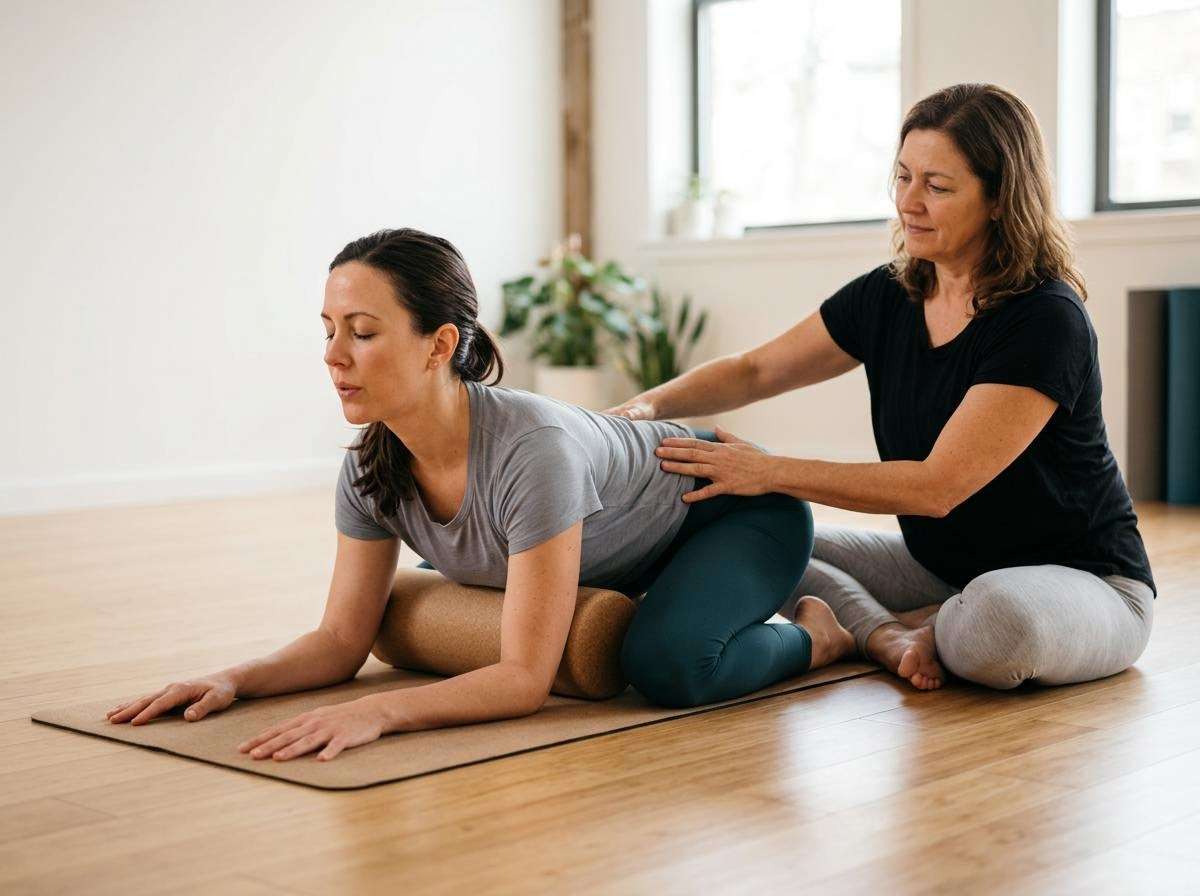 Yoga instructor assisting student in restorative pose