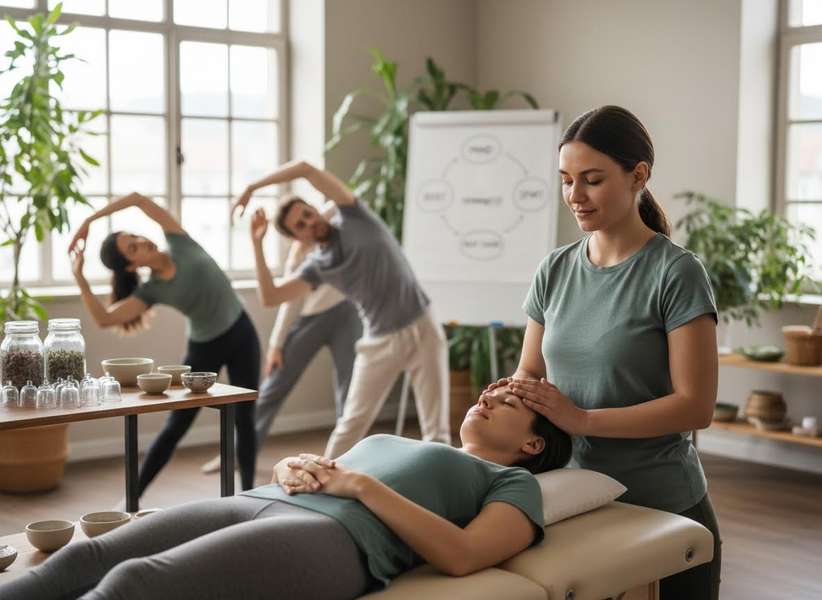 Holistic wellness session with massage and stretching