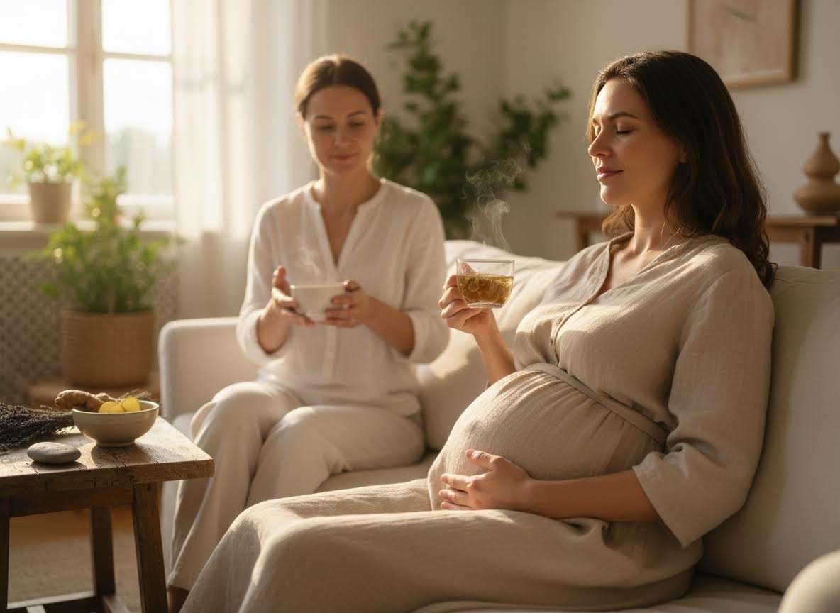 Pregnant woman and friend relaxing with herbal tea