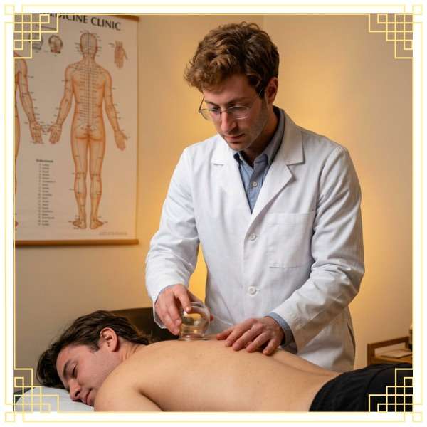 Dr. Reiman performing cupping on client's back