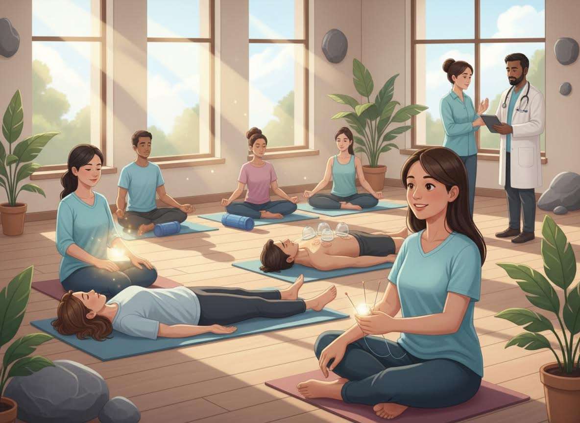 Diverse wellness session with meditation, cupping, and light therapy