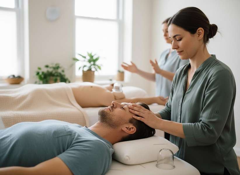 Man Receiving Acupuncture and Cupping Therapy