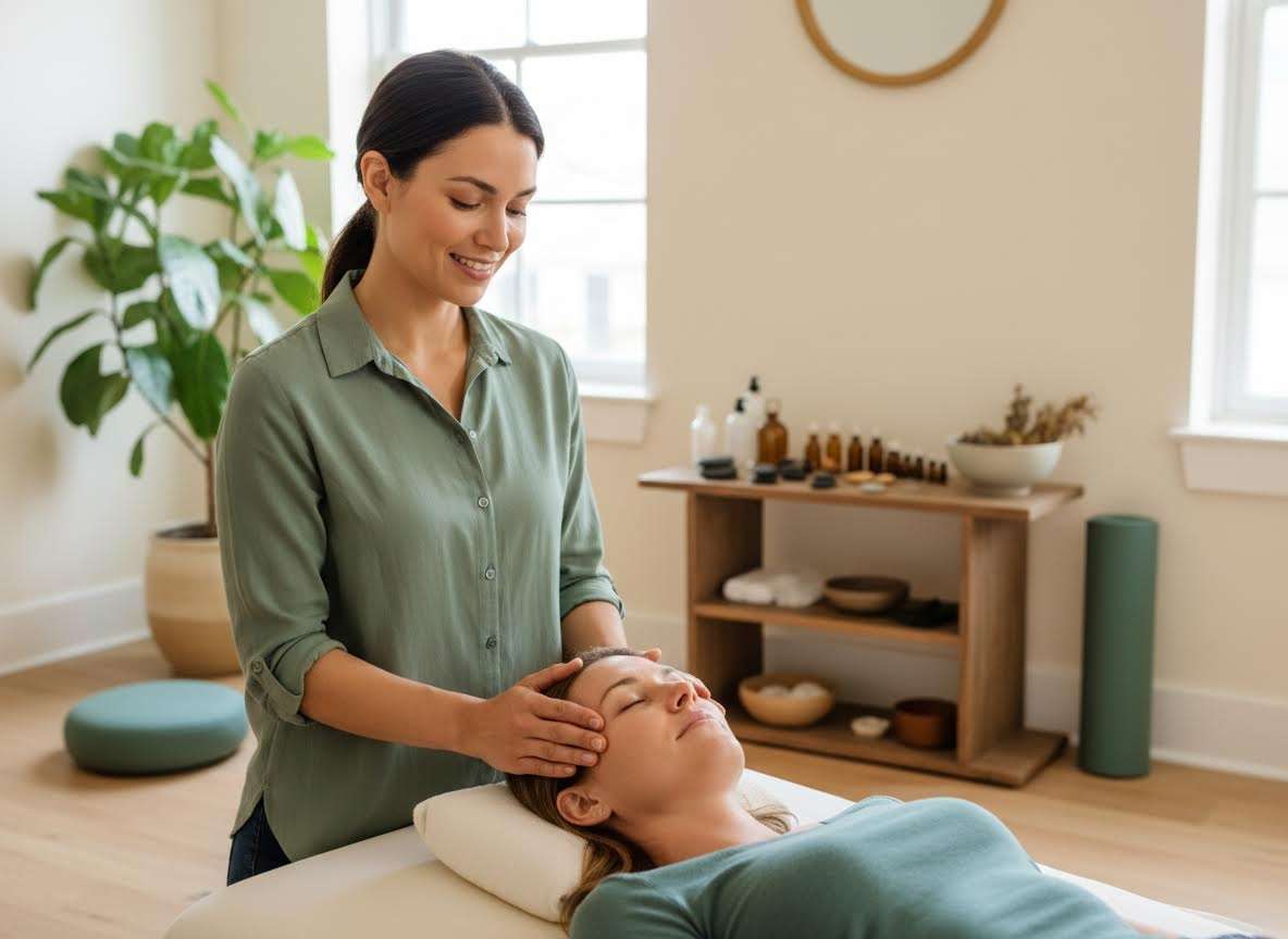 Therapist giving a relaxing head massage to a client