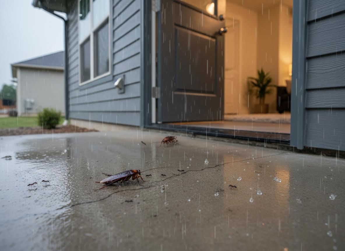 Cockroaches and ants on wet patio during a rain shower