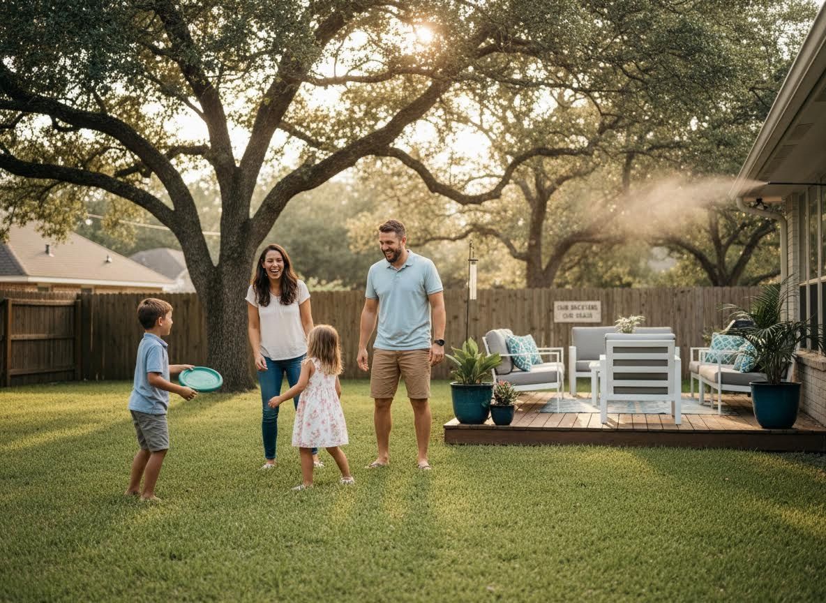 Family playing frisbee in a sunny backyard with a patio