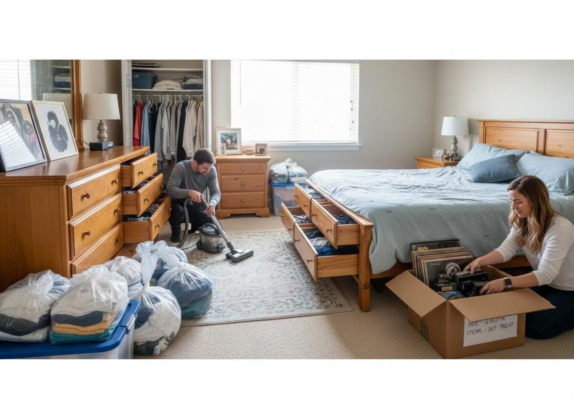 Couple decluttering and packing their bedroom
