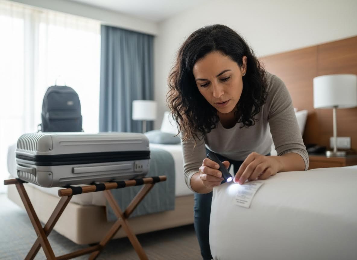 Woman Inspecting Hotel Mattress with Flashlight