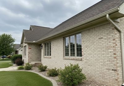 Exterior of a light brick house with well-manicured lawn