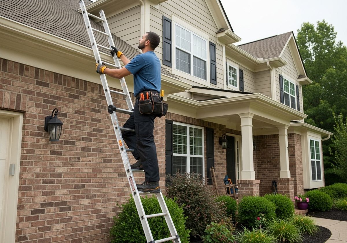 man climbing ladder to look at gutter system