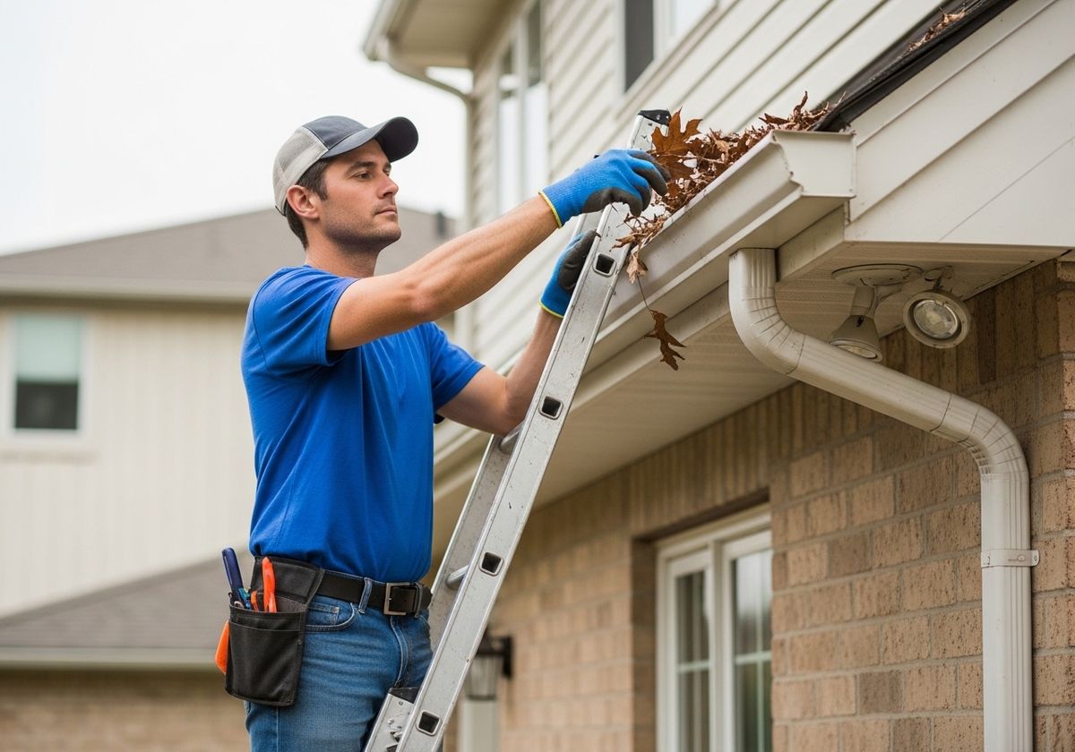 Man Cleaning Gutters on Ladder