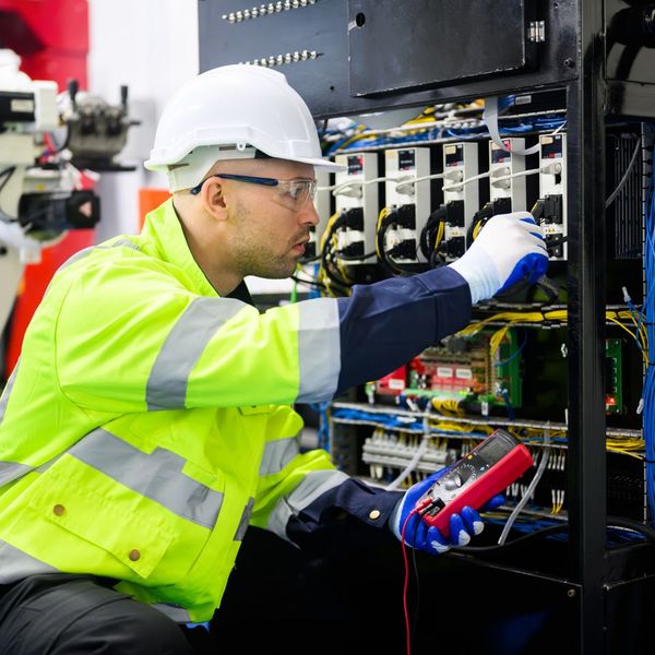 electrician in safety gear working on electrical electrician in safety gear working on electrical