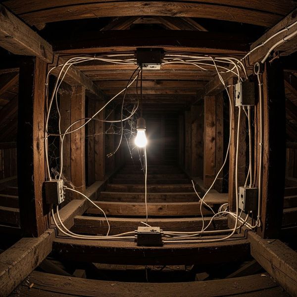 Dusty attic with old, potentially hazardous electrical wires