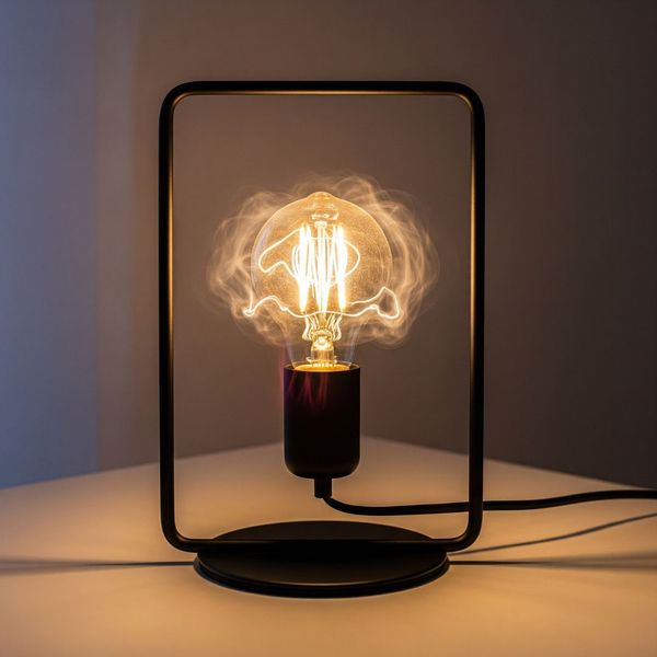 A flickering lightbulb in a modern table lamp