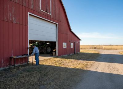 Man working outside a red barn with a tractor