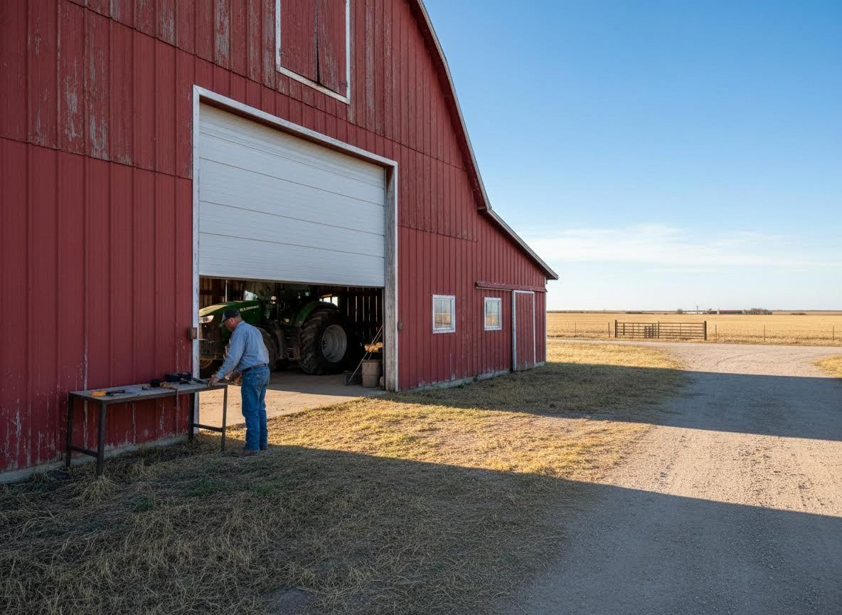 Man working outside a red barn with a tractor