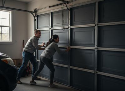 Couple Inspecting Garage Door