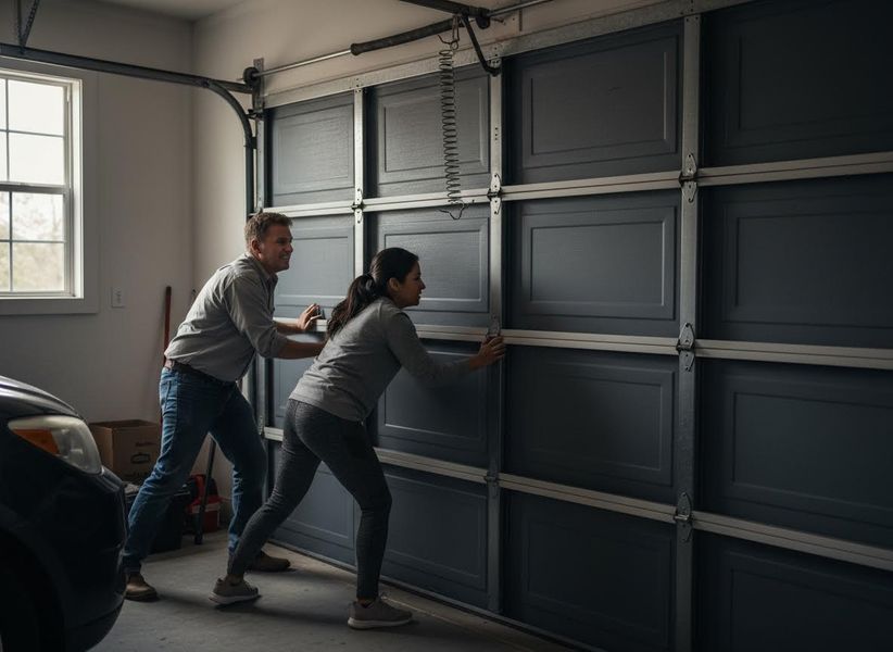 Couple Inspecting Garage Door