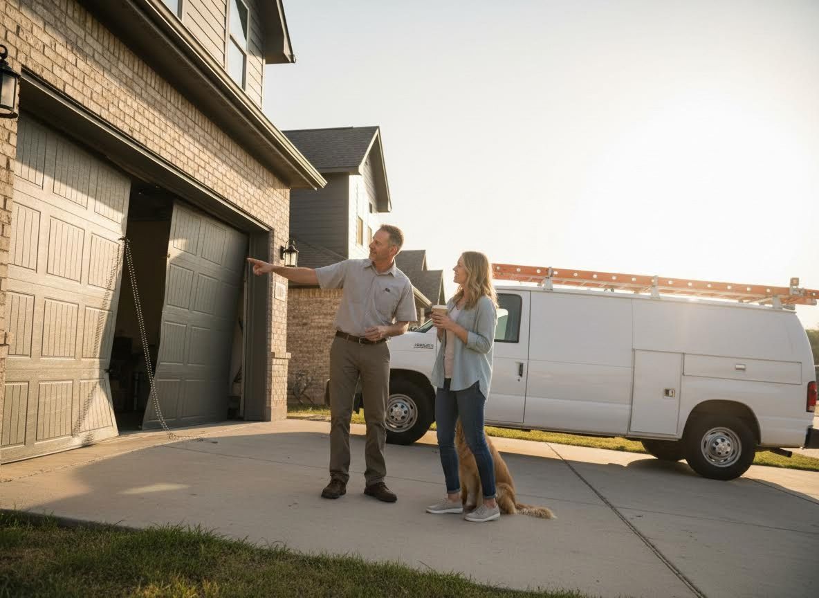 Garage Door Technician Discusses Repair with Homeowner