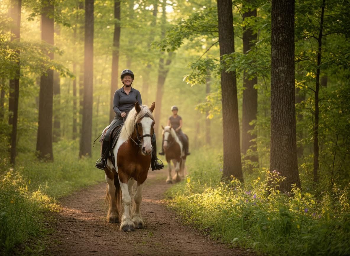Smiling woman horseback riding on a sunlit forest trail