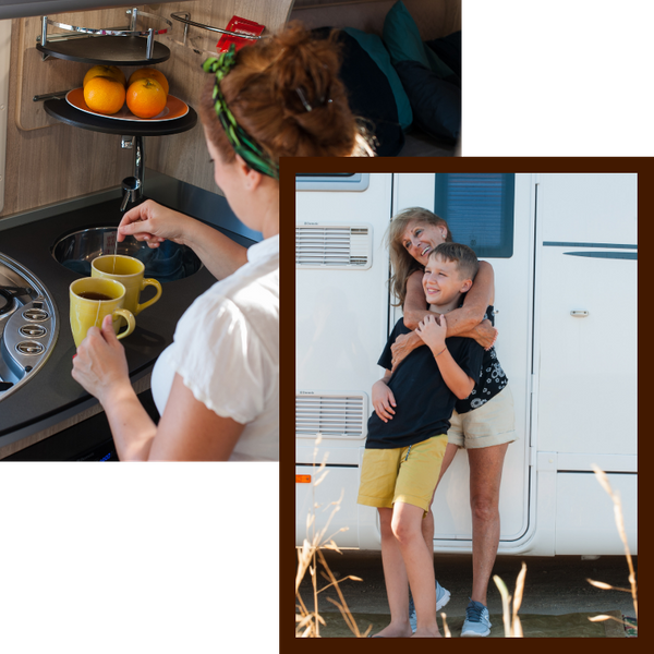 Two images, left: a woman preparing tea in her RV. Right: A mom hugging her son outside of an RV