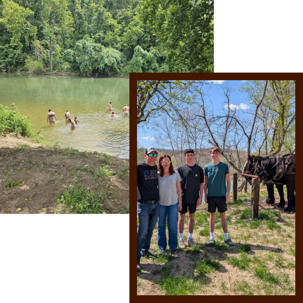 Two images, left: A group of people swimming in the river. Right: A family posing with Clydesdale horses