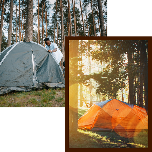 Two images, left: A man setting up a tent. Right: A set up tent in a forest at sunset