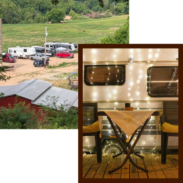 Two images, left: An aerial view of the parking lot. Right: A nicely decorated table set up outside of an RV