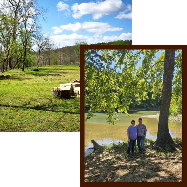 Two images, left: The campground. Right: Two people standing next to the river