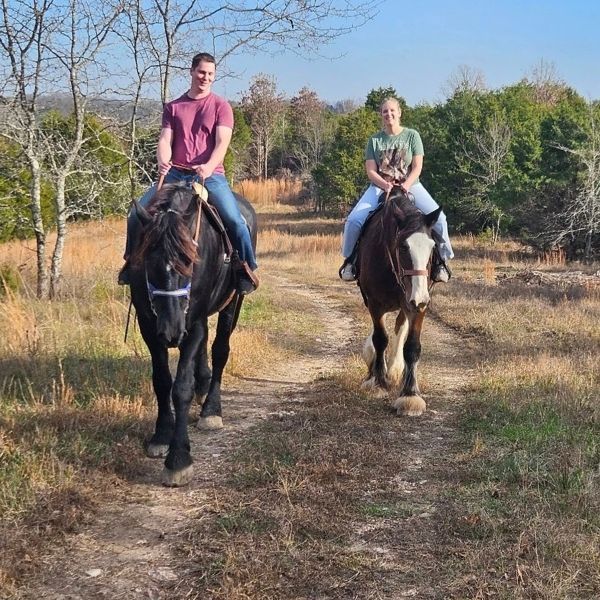 A man and woman on a trail ride, riding draft horses