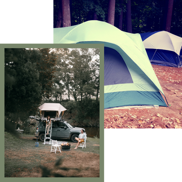 Two images, left: A two people enjoying their car-top tent set up. Right: Two tents placed at a campground