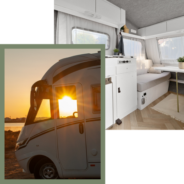 Two images, left: An RV with light shining through the windows. Right: The interior of an RV