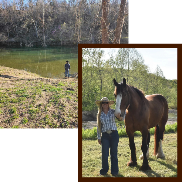 Two images: Left, a man standing next to a rive. Right: A woman posing with a Clydesdale horse