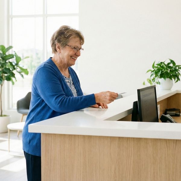 an older patient smiling warmly while checking in at a reception desk