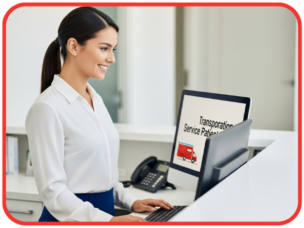 A medical receptionist schedules a patient's transportation, streamlining the office workflow.