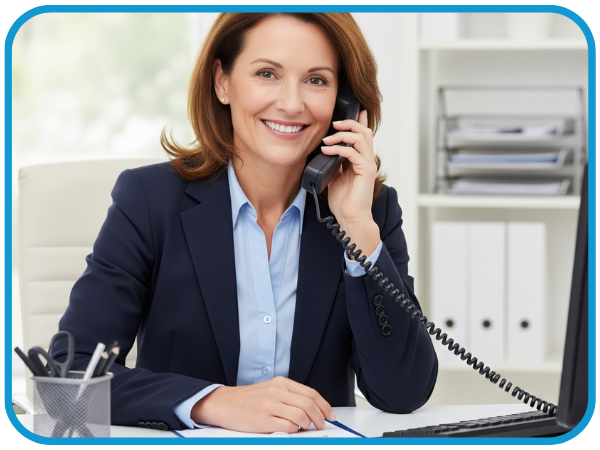 An insurance case manager smiles while on the phone, illustrating the simplified coordination and billing process with Covenant Transportation.
