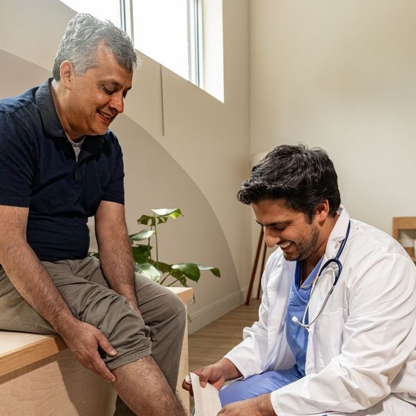 doctor bandaging patient's leg