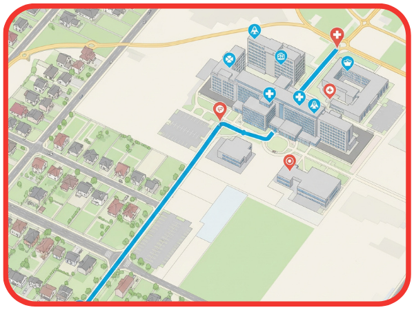 A GPS map showing a clear route to a hospital, which represents how transportation expands access to quality healthcare in Massachusetts and Rhode Island.