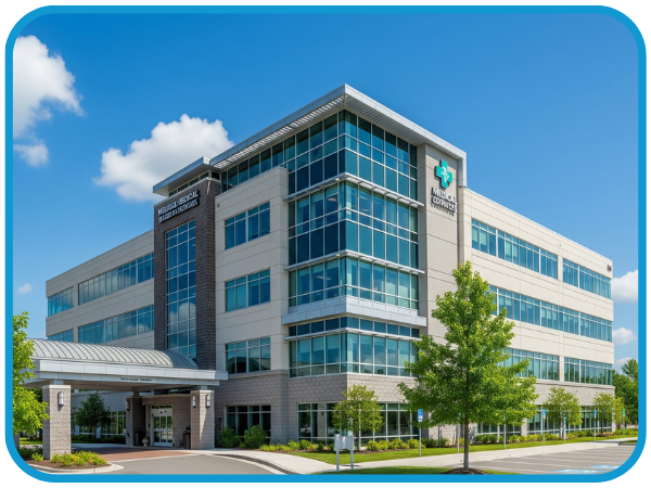 The modern exterior of a medical facility that Covenant Transportation serves.