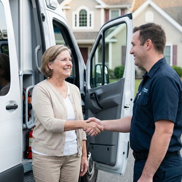 family member looking relieved and thankful while greeting a medical transport driver