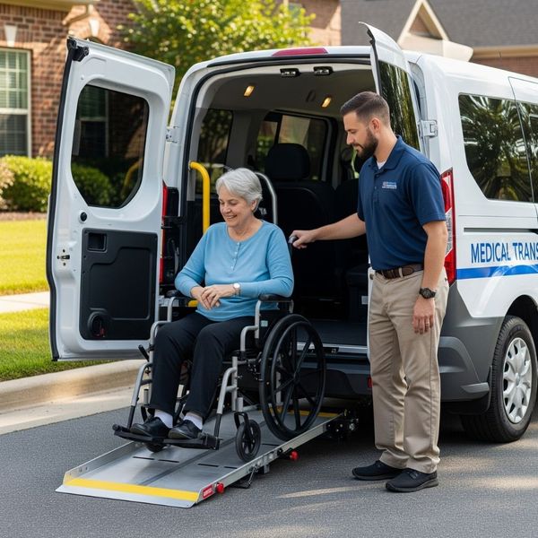 woman in wheelchair coming off van via ramp