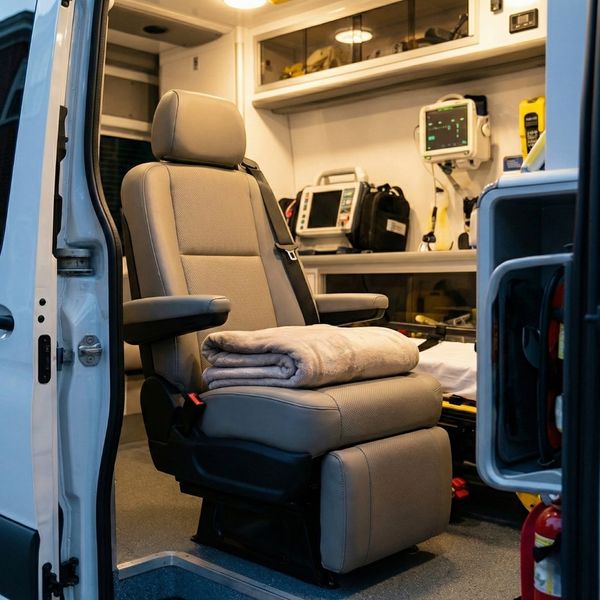 interior of a medical transport vehicle with adjustable seating